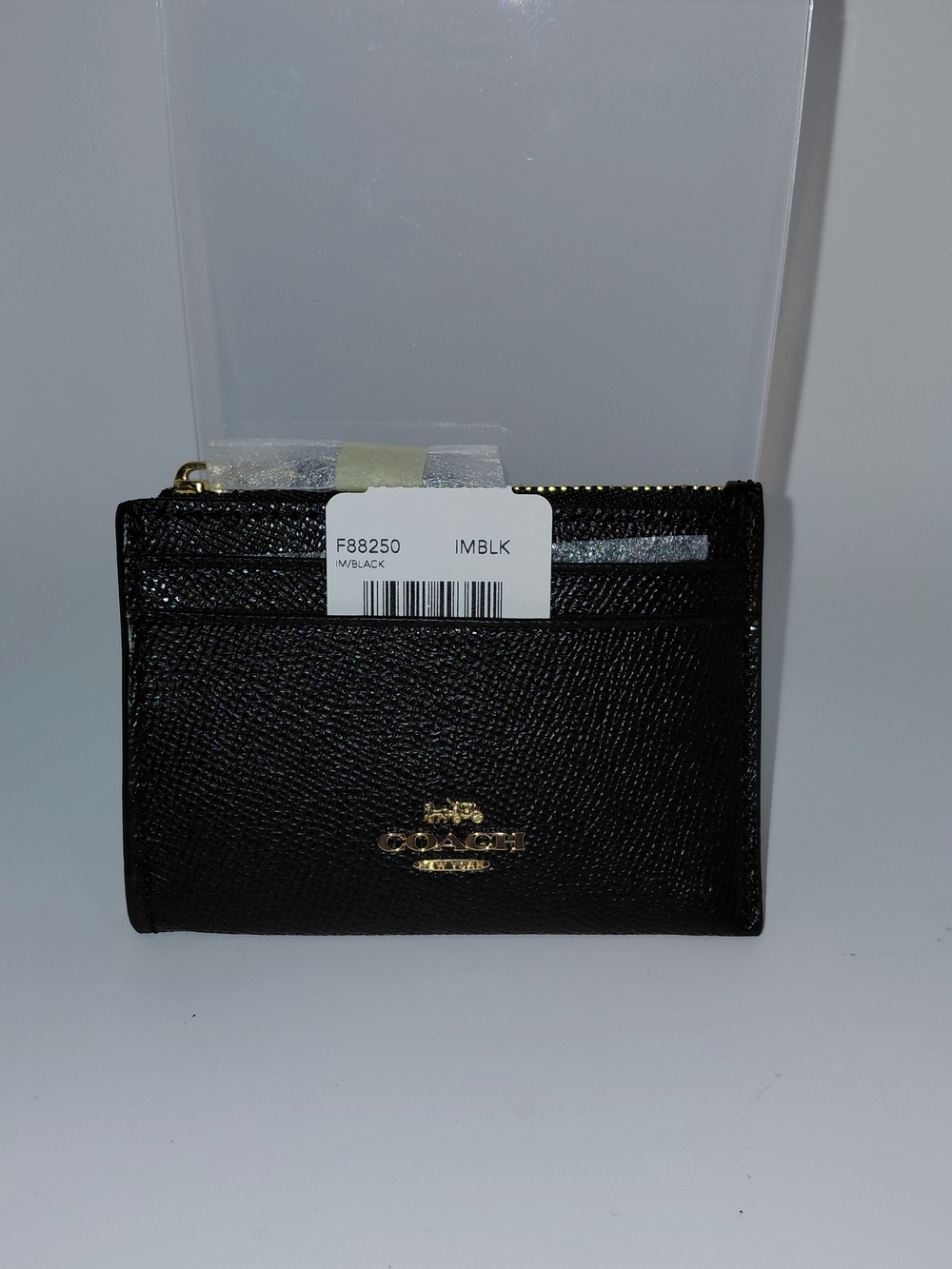NWT Coach Black Leather Zip Card Case Wallet Key Ring ID Pocket.